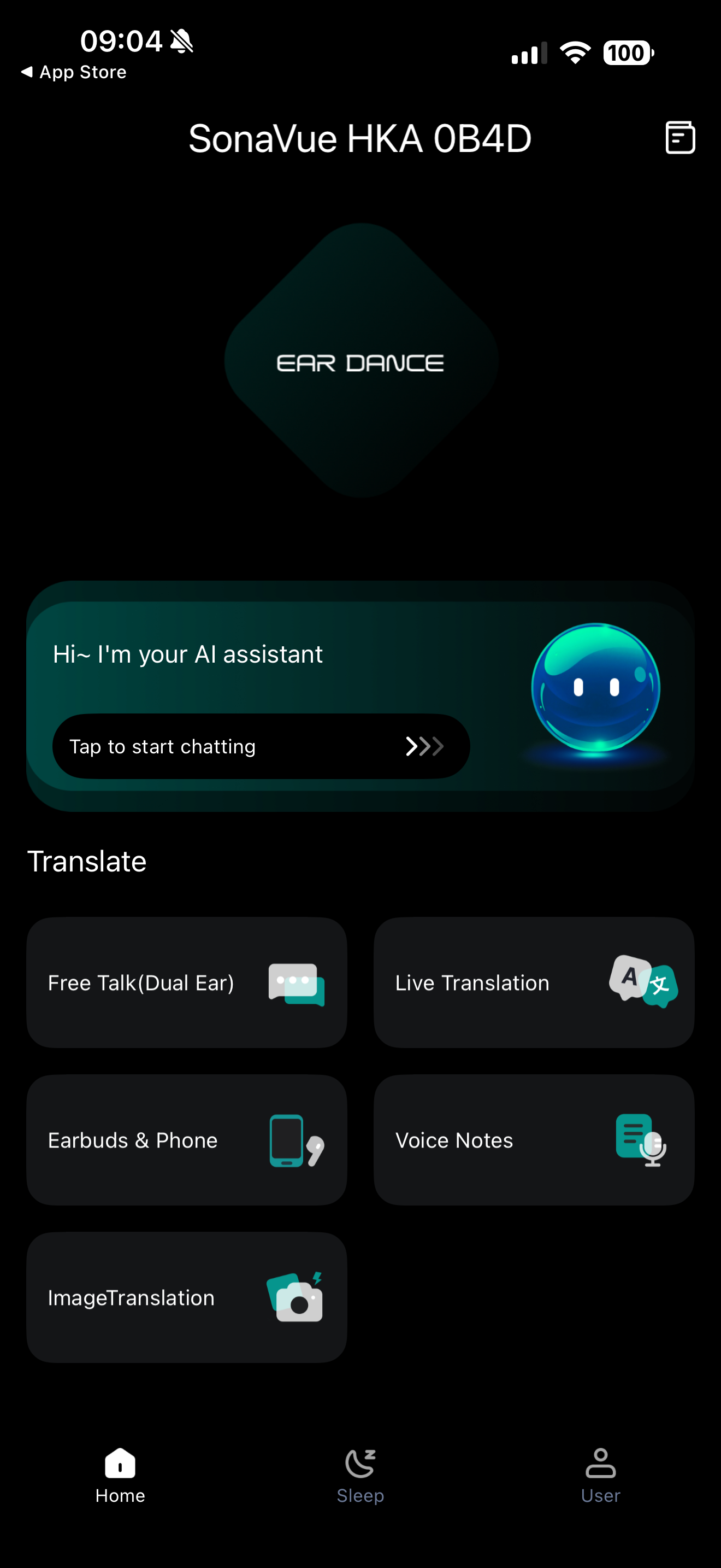 Home screen with SonaVue HKA connected; AI assistant + Translate modes (Free Talk Dual Ear, Live Translation, Earbuds & Phone, Voice Notes, ImageTranslation)